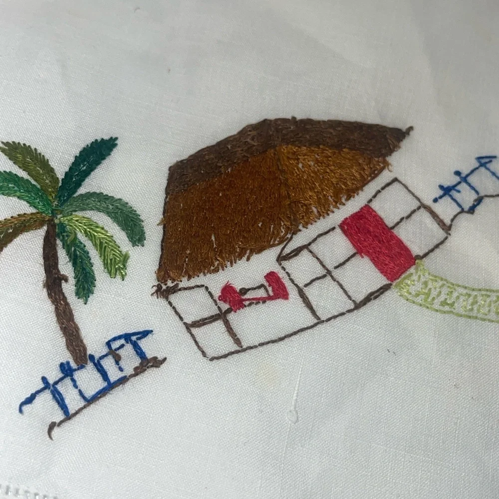 Vintage 50’s or 60’s Tropical Embroidered linen Napkins and 35” Table cloth